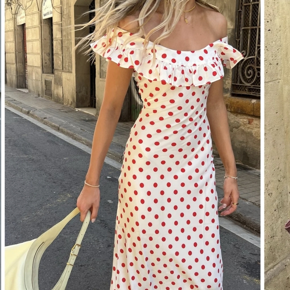 Commense Off-Shoulder White Midi Dress with Red Polka Dots